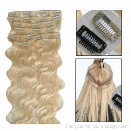 Clip-in Chinese Hair Extension, Wavy, Human Hair, Full Head Blonde Color